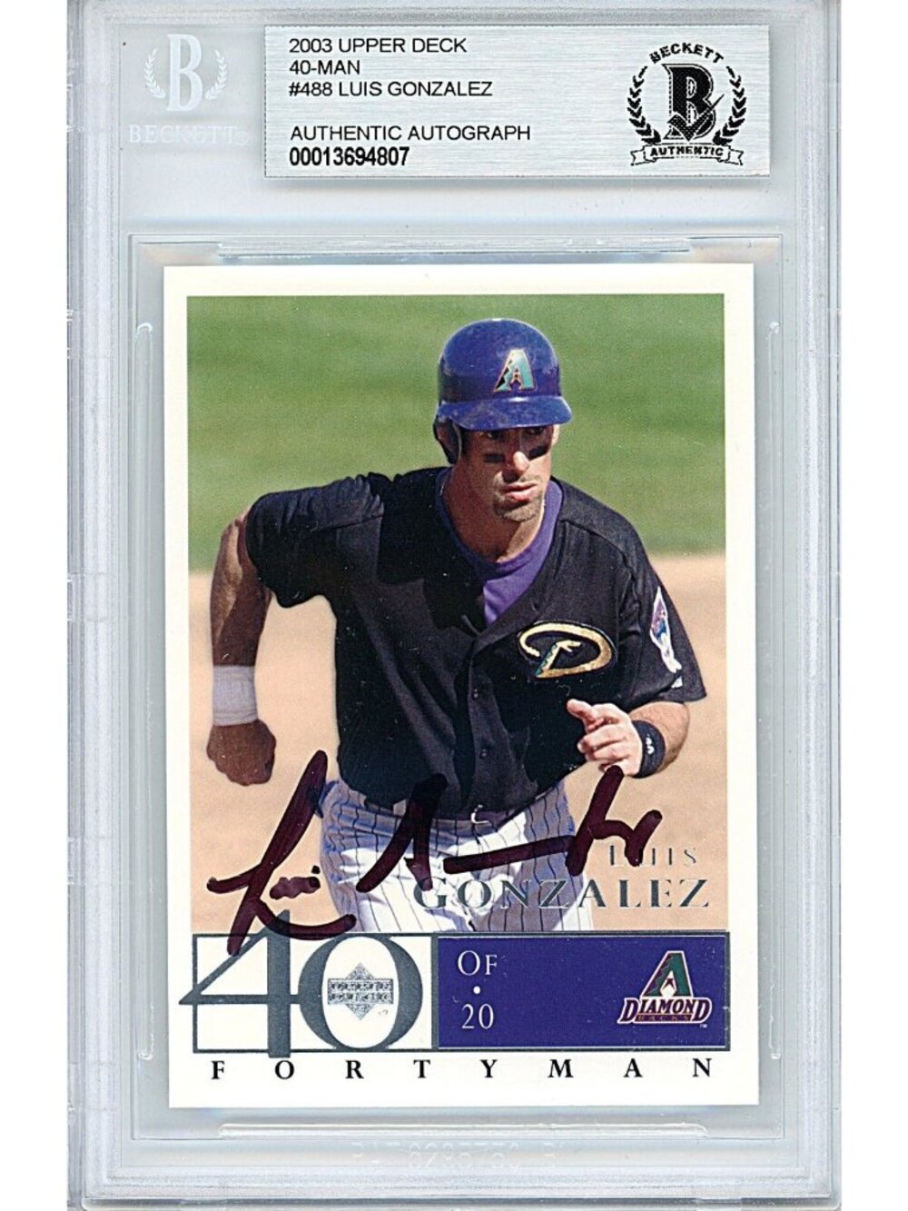 Luis Gonzalez Signed 2003 Upper Deck 40-Man #488 Diamondbacks BAS Slab Auto MLB